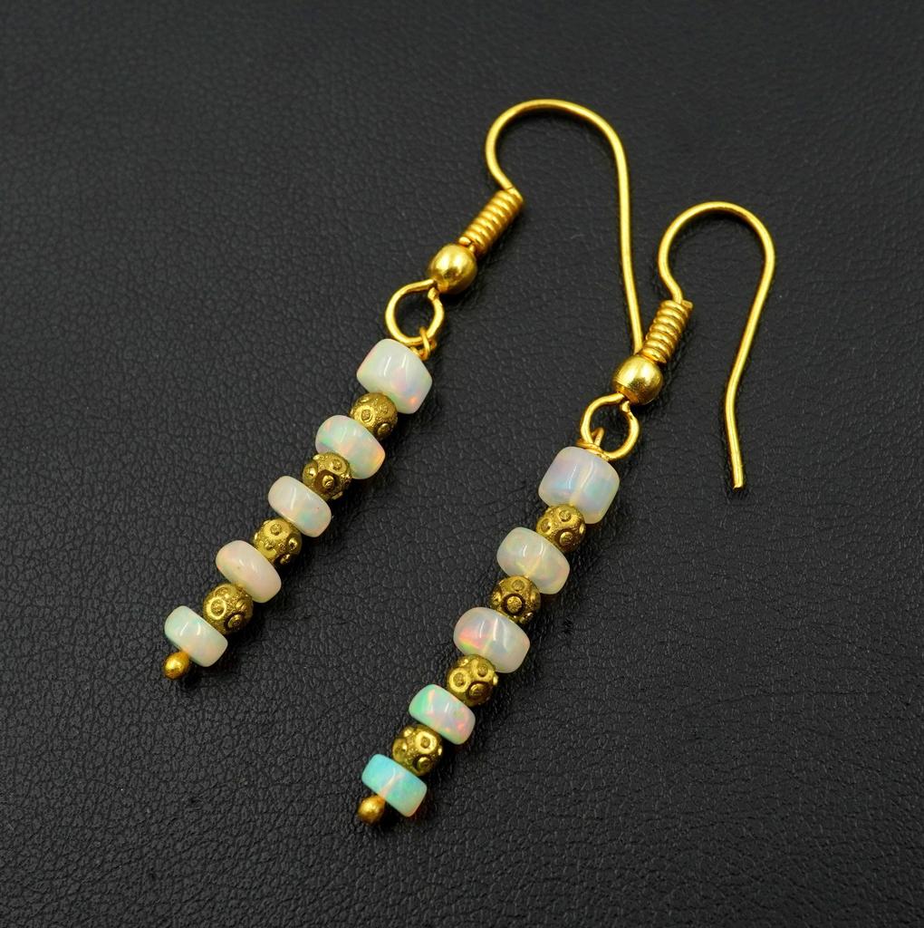 Welo Opal Bead Earrings, 925 Silver & 14k Gold, Ethiopian Gemstone