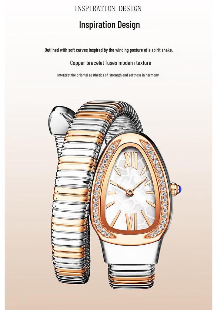 SANDA Women's Luxury Snake Head Bracelet Watch with Roman Mother-of-Pearl Dial, Diamond Accents, English Two-Hand, 30M Water Resistant.