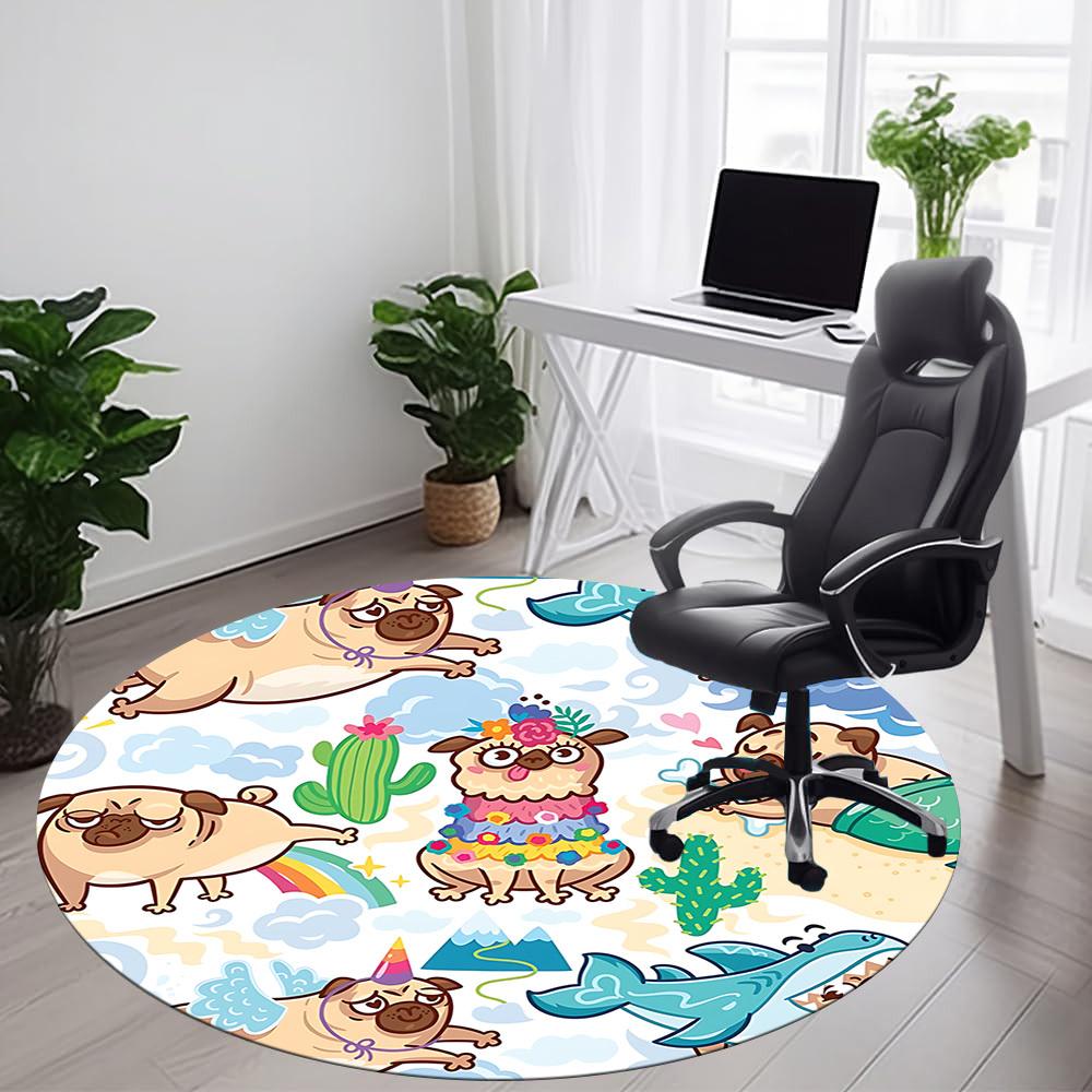 1PC Pug Party Office Round Area Rug, Mat Suitable ForOffice, Under Office Chairs Bedroom Living Room Home Decor, Room Deco
