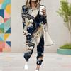 Women Plus Size Printed Round Neck Long Sleeve Cuffed Top And Cuffed Pants Two Piece Set With Pockets