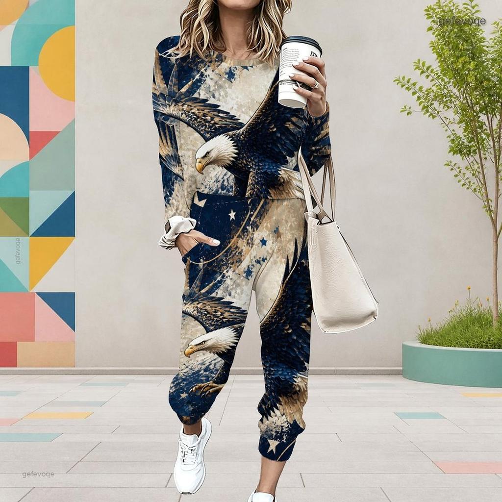 Women Plus Size Printed Round Neck Long Sleeve Cuffed Top And Cuffed Pants Two Piece Set With Pockets