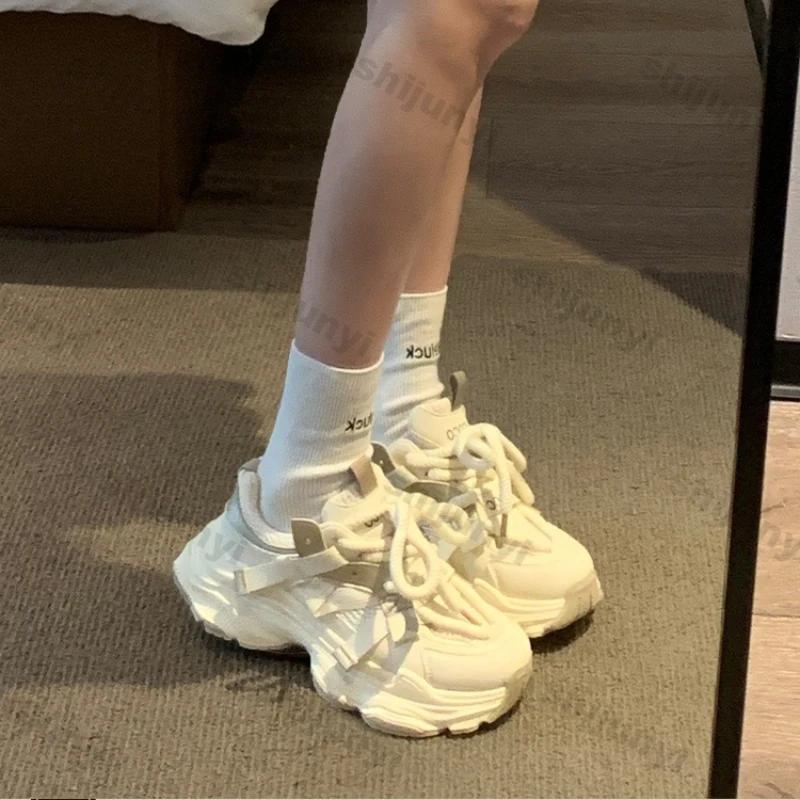 Fashion Women Chunky Platform Sneakers 2025 Spring New Thick Soles Comfort Thick Bottom Shoes Ladies Thick Soles Lace Up Casual Shoes
