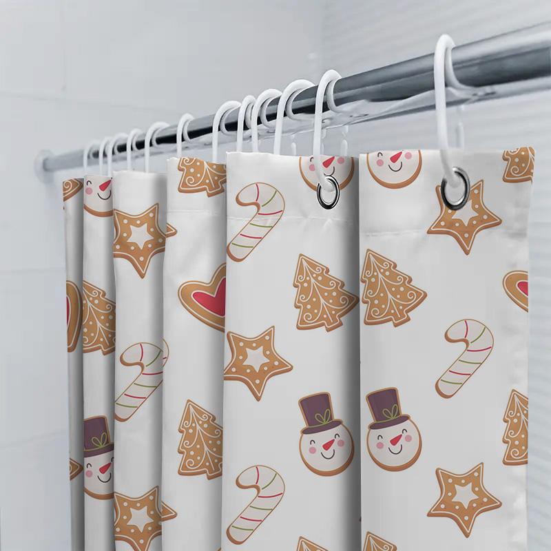 Christmas Shower Curtain, Gingerbread Cookies Pattern Bathroom Decor Set for Holiday Season Home Kitchen Waterproof Fabric with