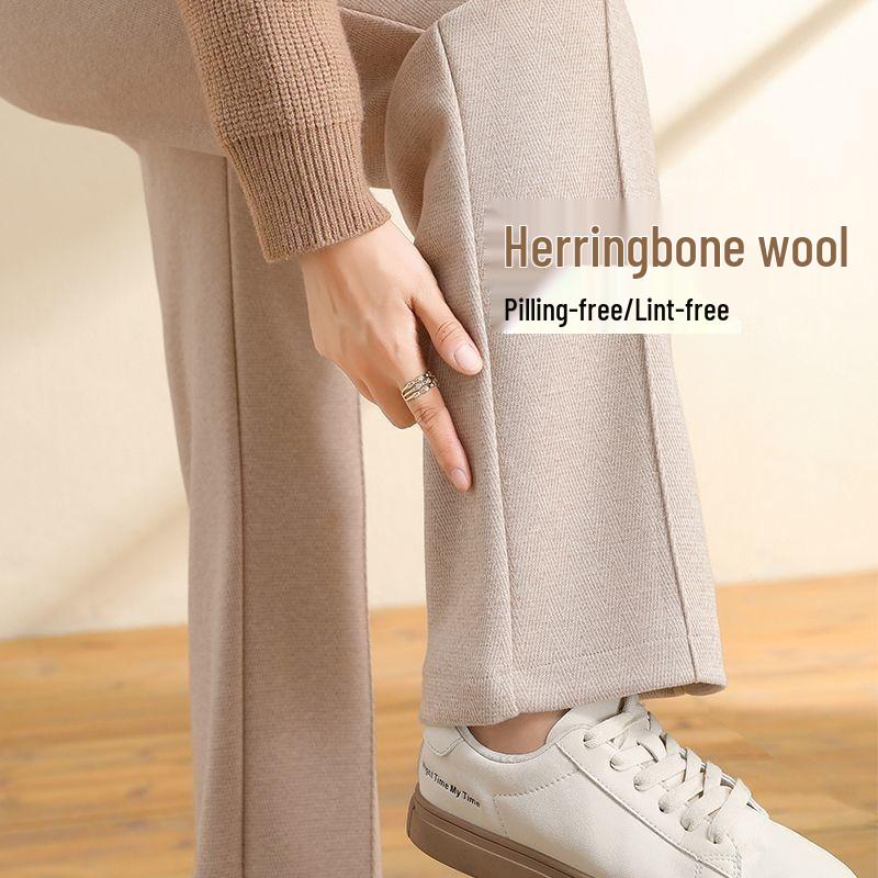 

Women s High-Waist Herringbone Wool Pants with Fleece Lining, Wide-Leg, Dark Gray - Perfect for Autumn/Winter 27/M, 85-105 lbs