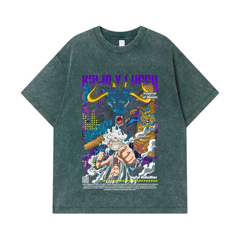 275 GSM Washed T-shirts 100% Cotton One Piece V35 Luffy Kaido Print Unisex Heavy Cotton T Shirt