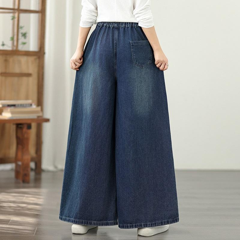 Plus Size Vintage Embroidery High Waist Casual Loose Women Spring Summer Autumn Jeans Denim Wide Leg Pants