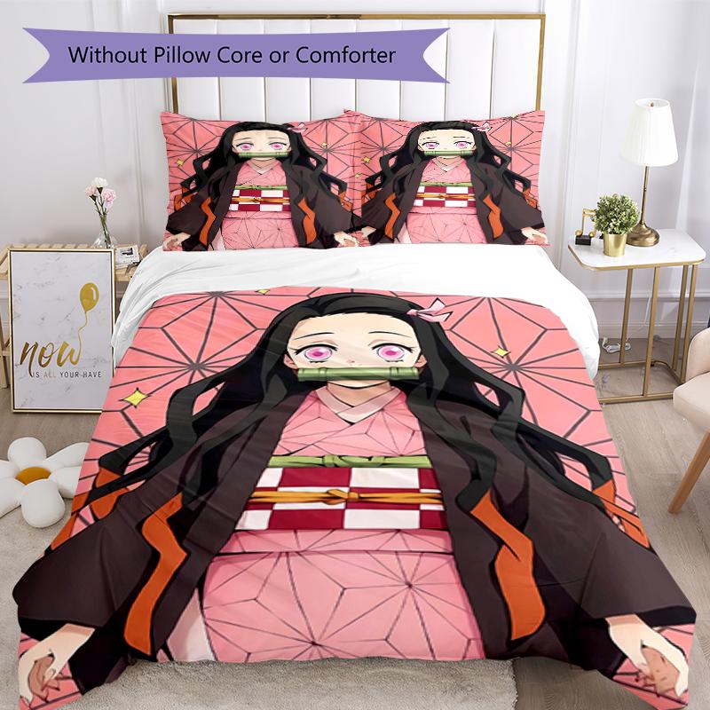 3pcs Demon Slayer Nezuko Pattern Bedding Set Duvet Cover Set Includes Duvet Cover &pillowcases, Perfect All Season Bedroom Decoration & Gift