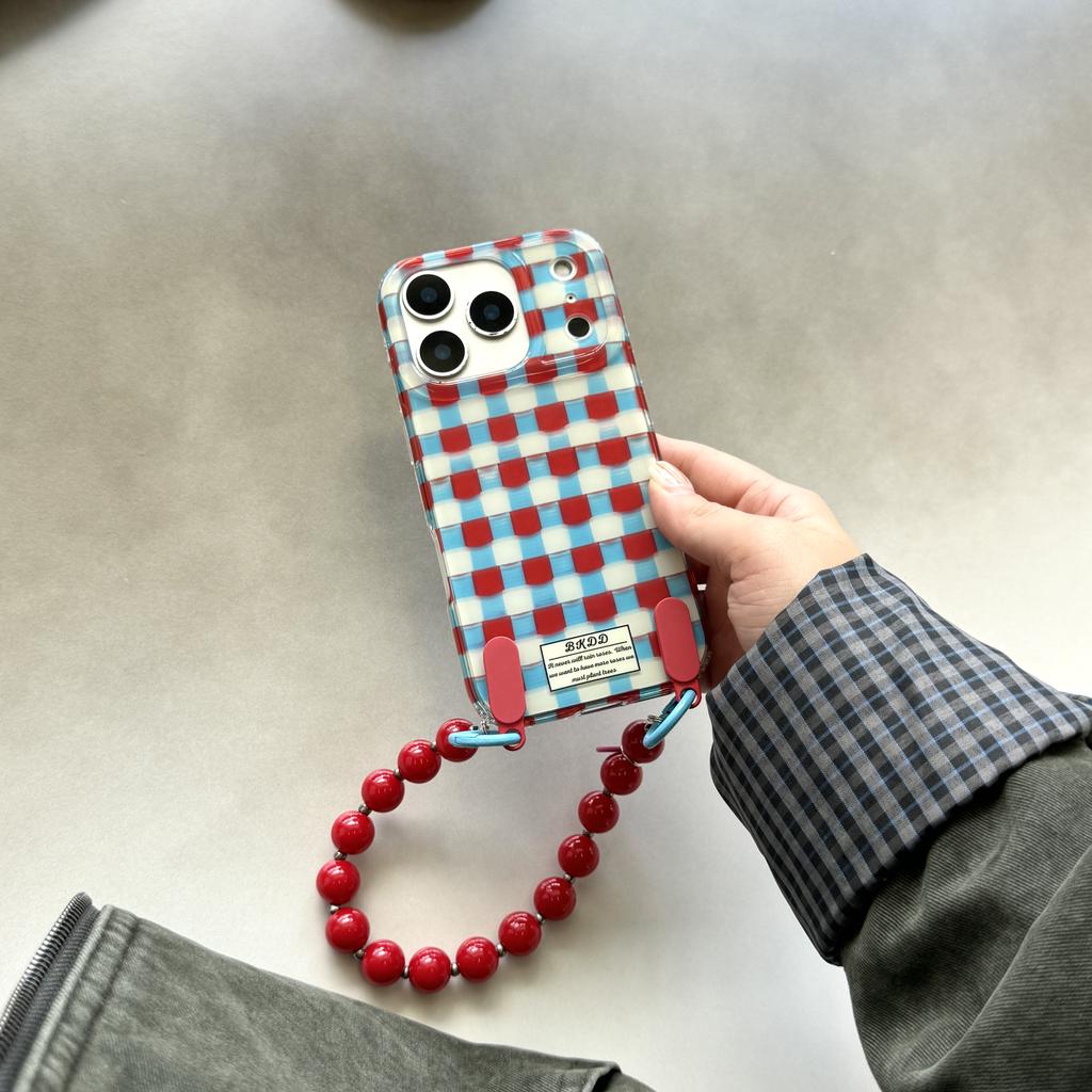 Ins Red Blue Checkered Pattern Heart Beads Wrist Strap Phone Case for iPhone 17 16 15 14 13 Pro Max  Back Cover Fund
