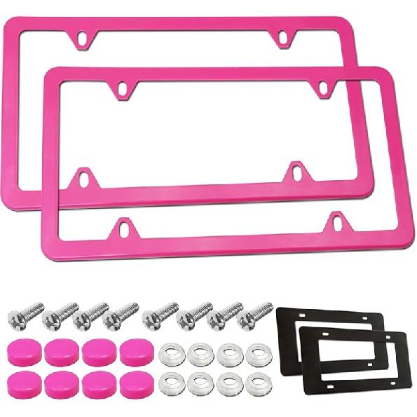 BGGTMO Pink License Plate Frames- Metal Aluminum Car Tag Cover, 2 Pack Slim Front & Rear Holders For US Vehicles, Rust/Rattle Proof, Cute Car