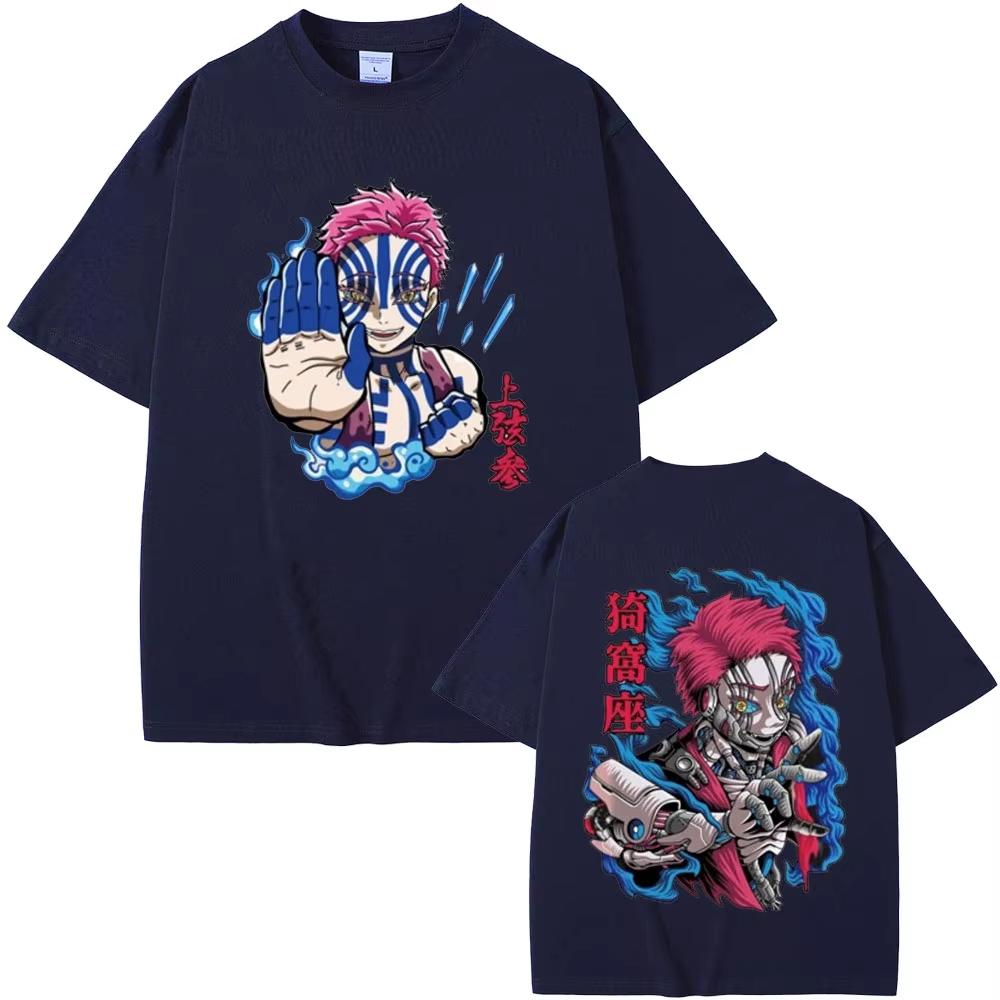 Anime Demon Slayer Akaza Doppelseitiger Druck T-Shirt Männer Frauen Kleidung Cartoon Übergroßes T-Shirt Männlich Lässig Weiche Baumwoll-T-Shirts