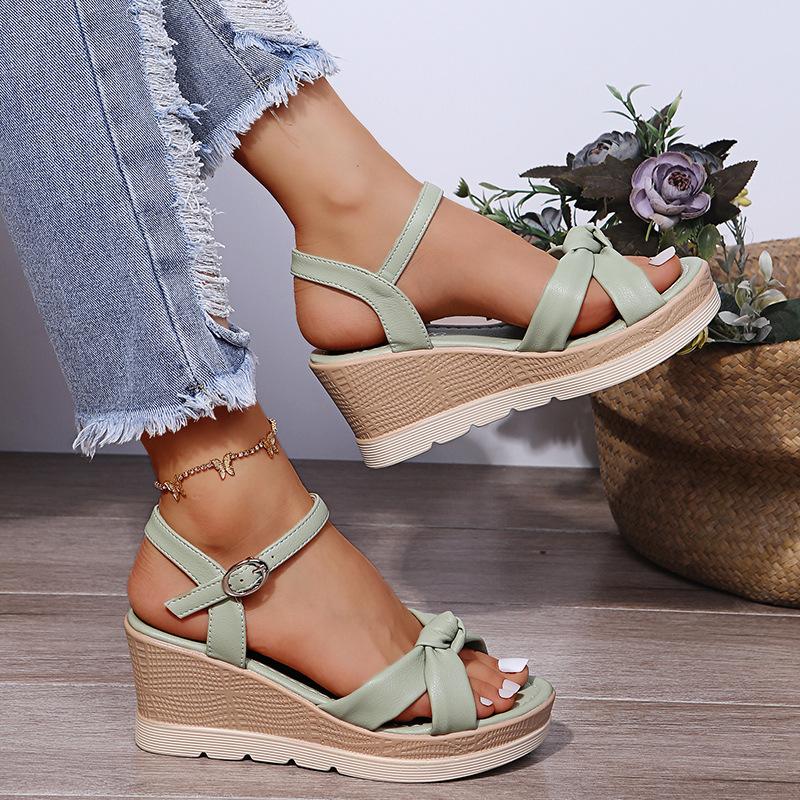 Wholesale Summer Women's High-Heeled Sandals New Cross-Border Straight Buckle Strap Thick Soled Height Increasing Wedge Sandals