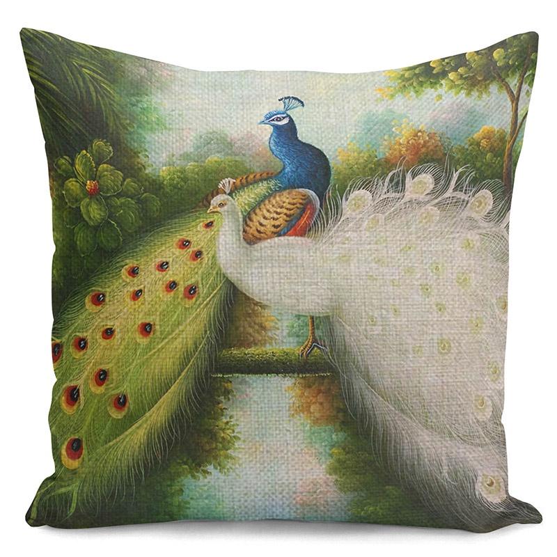Luxuriöser Kissenbezug aus Baumwolle und Leinen mit Pfauenmuster für elegante Heimdekoration, Sofakissenbezug