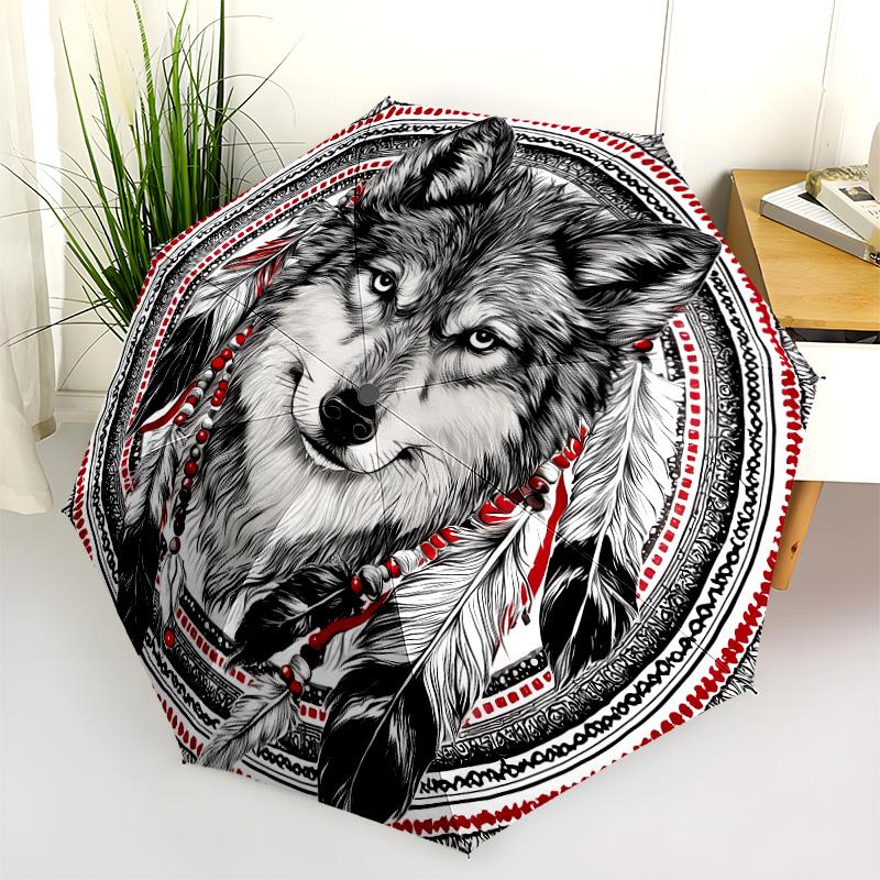 Indian - Style Wolf Pattern, Automatic Folding Umbrella, Portable and Foldable Design, 8 Ribs, a Christmas or Birthday Gift.