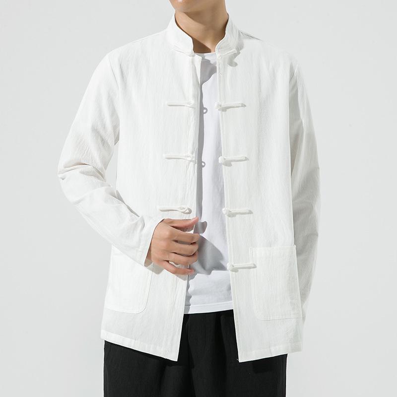 Ανδρικό Κινέζικο Ρετρό Πουκάμισο Tang Suit Μακρυμάνικο - Μονόχρωμο, Χαλαρό Στυλ για Τσάι