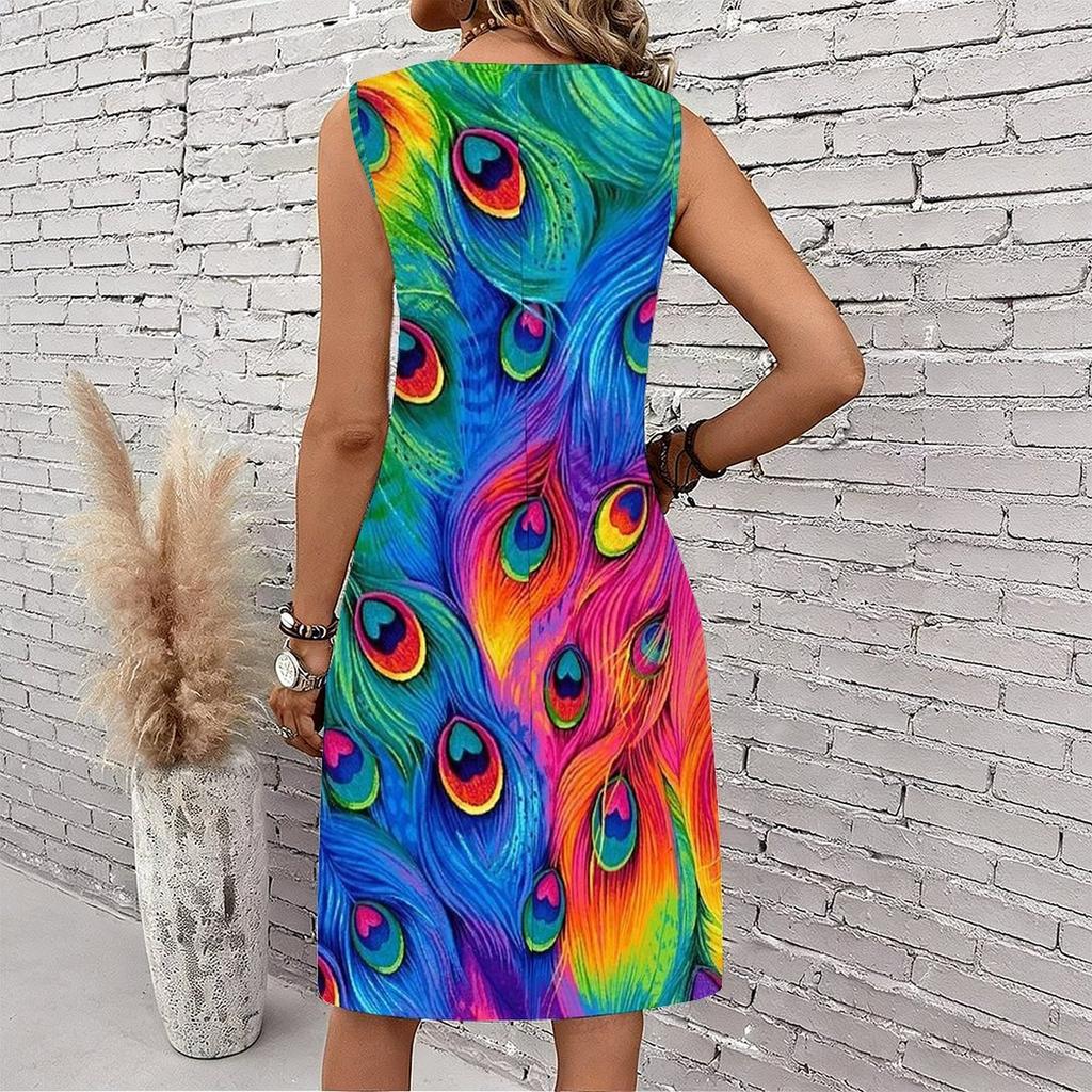 Plus Size V Neck Sleeveless Dress Green Mountain Waterfall Scenic Print For Nature Holiday Journey