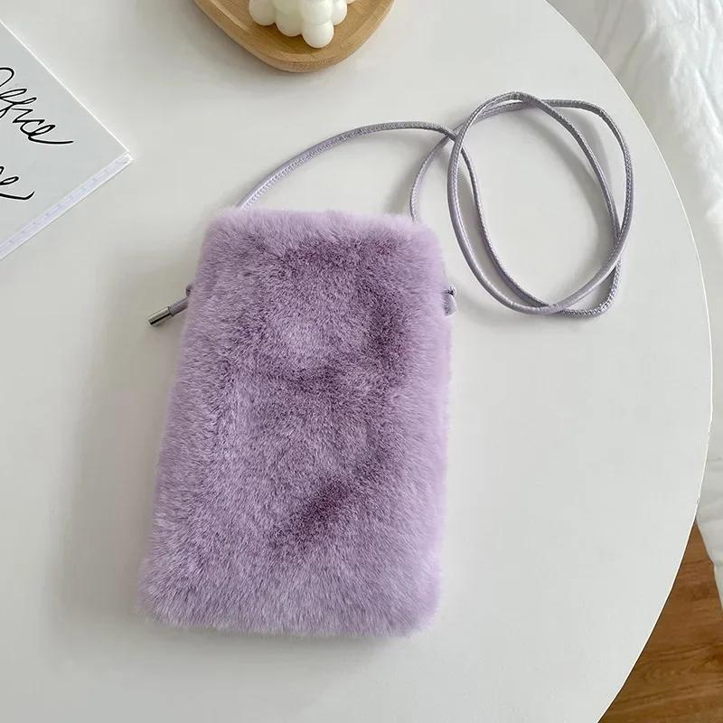 Women Plush Crossbody Bag Solid Color Mobile Phone Bag Versatile Mini Wallet Plush Shoulder Bag  Autumn and Winter