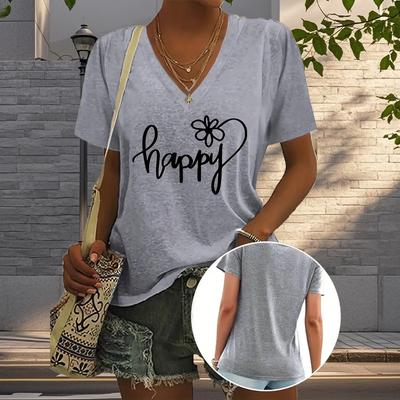 Happy Painting Blouses Short Sleeved V-Neck T Shirts Casual
