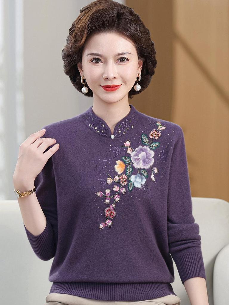 Elegant Embroidered Wool Qipao Collar Sweater for Autumn/Winter