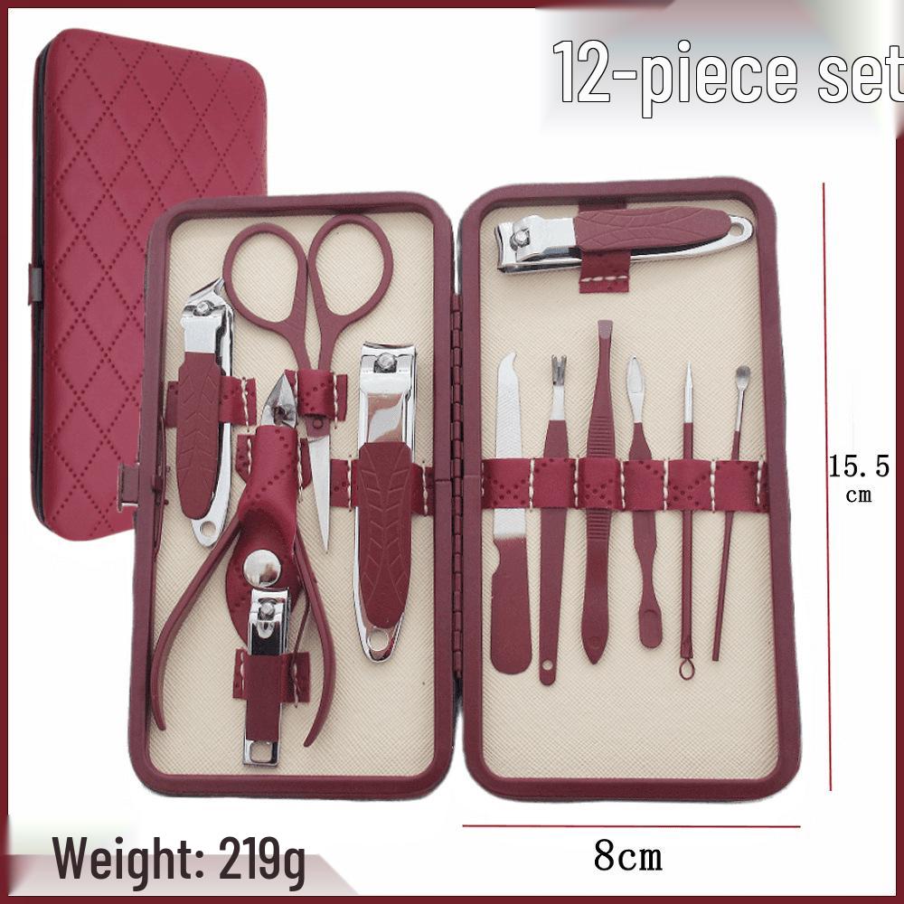 28-teiliges Edelstahl-Nagelpflege-Set: Enthält Nagelscheren, Nagelhautzangen, Pediküre-Werkzeuge, einen Augenbrauentrimmer und eine Pinzette in einem braunen Etui.