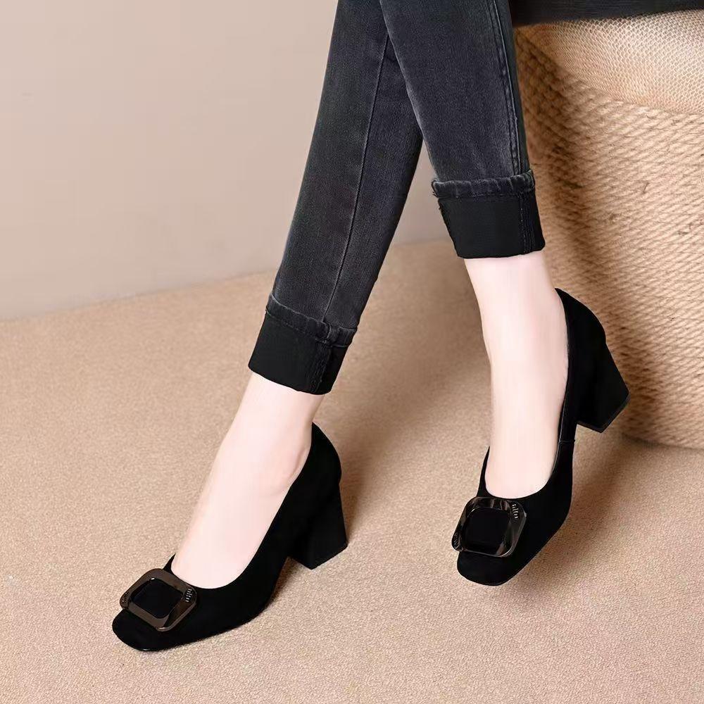 Scarpe singole retrò francesi autunnali nuovo abbigliamento esterno temperamento punta quadrata scollatura bassa comodi tacchi alti