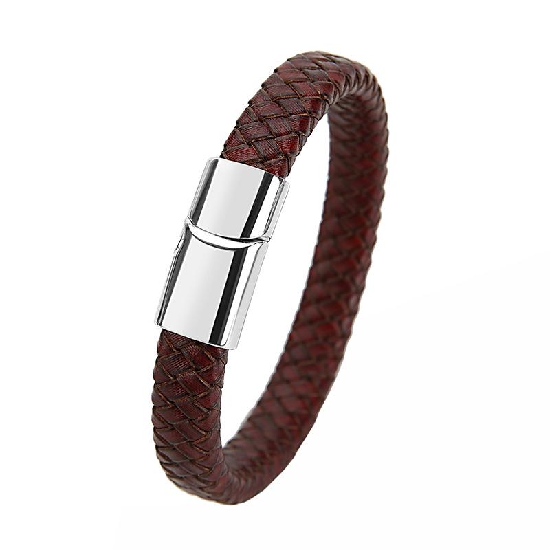 Retro Genuine Leather Men's Woven Cord Bracelet with Magnetic Buckle