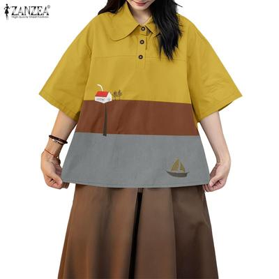 Camicetta da donna casual con colletto rovesciato, manica corta larga, stampa