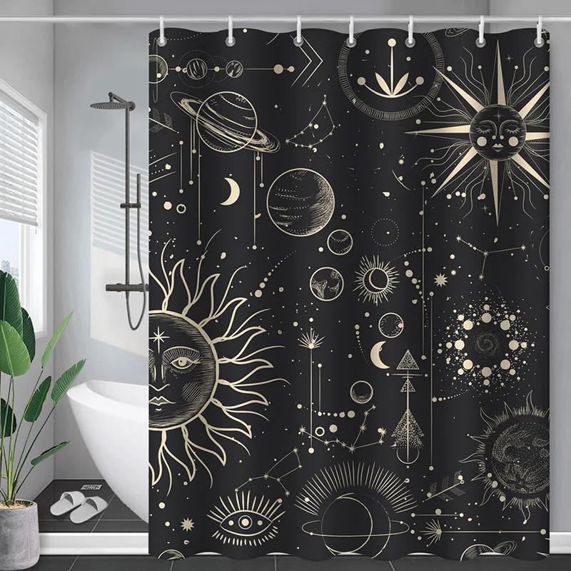 Sun And Moon Boho Mandala Printed Shower Curtain Black And White Celestial Shower Curtain Bathroom Decoration Bathtub Screen