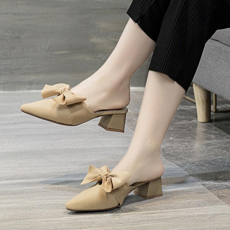 

Новая модная сумка с бантом, головной убор, летний темперамент 2025 года, полушлепанцы на низком каблуке, ленивые остроносые туфли-мюли 40