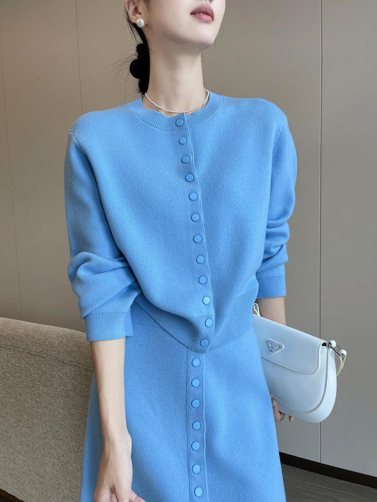 PINKEEN Blue Button-Up Knit Cardigan & Skirt Set for Women - Spring 2026, Whitened, Age-Reducing Style