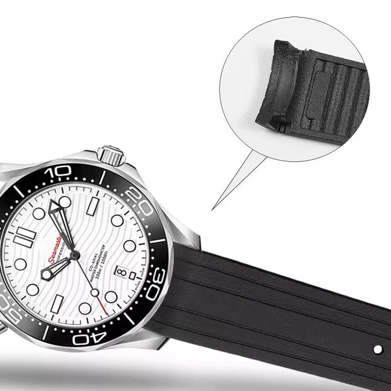 High-Quality Rubber Watch Strap For Omega New Seamaster 300 Watchband Folding Clasp Curved End Men Watches Accessories 20mm