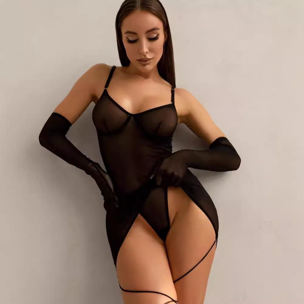Sexy European & American Style Mesh Plus Size Underwire Push-up See-through Dress with Gloves & Leg Ties