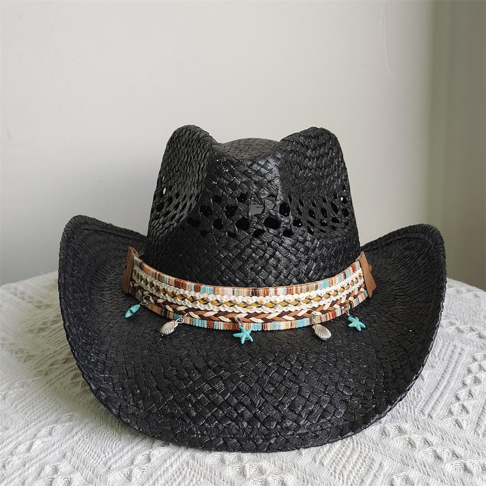 My Extreme Outdoor Activities Women's Hollow Cowboy Hat For Men Vintage Handmade Straw Weaving Beach Sun Hat Gentleman Lady Cowgirl Jazz Hat Bohemian 56-58Cm
