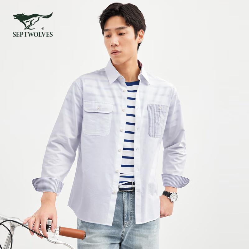 SEPTWOLVES Men's Striped Patch Pocket Casual Long-Sleeve Shirt
