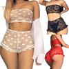 Women Erotic See Through Heart Print Underwear Set Tube Top Lace Micro Shorts