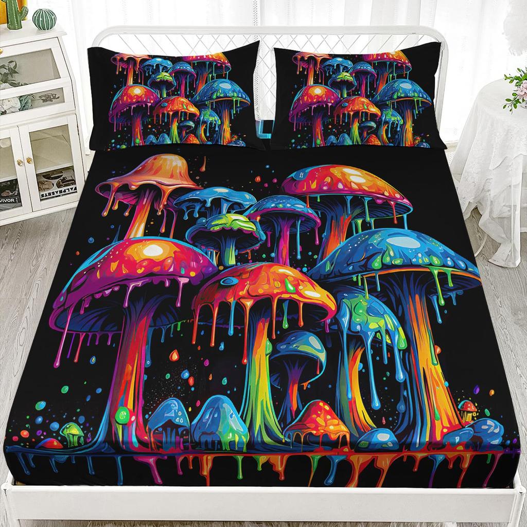 Color Mushroom Pattern Mattress Three-Piece Digital Printing Mattress Bedding Set Adult Children