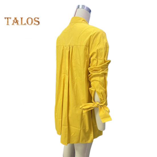 Women Long-Sleeved Shirt Commuter Solid Color Loose Fit Top Round Neck Mid-length Shirt for Work Parties Vacation
