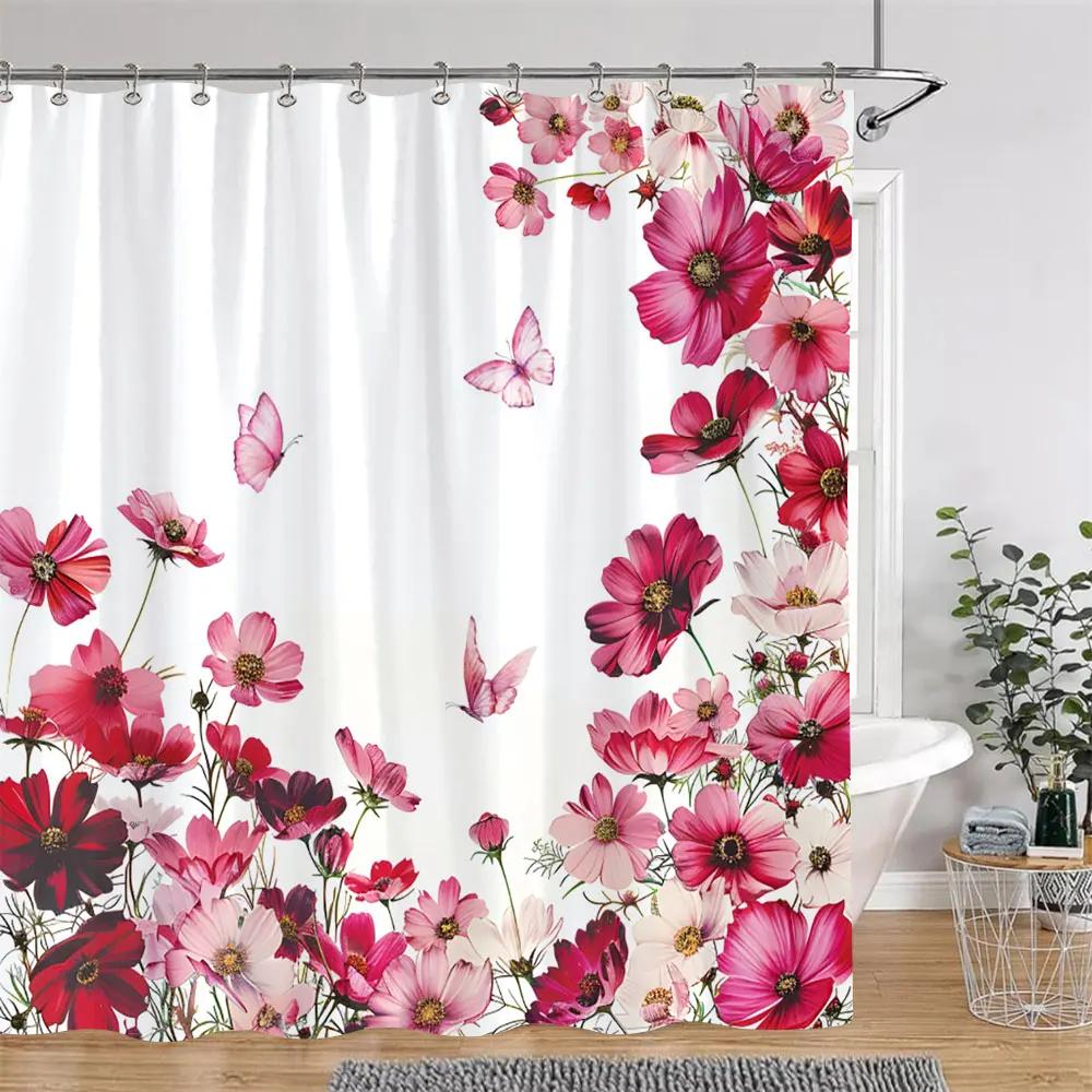 Watercolour Floral Print Shower Curtain Gorgeous Floral Rustic Flower Polyester Fabric Shower Curtains Bathroom Decor with Hooks