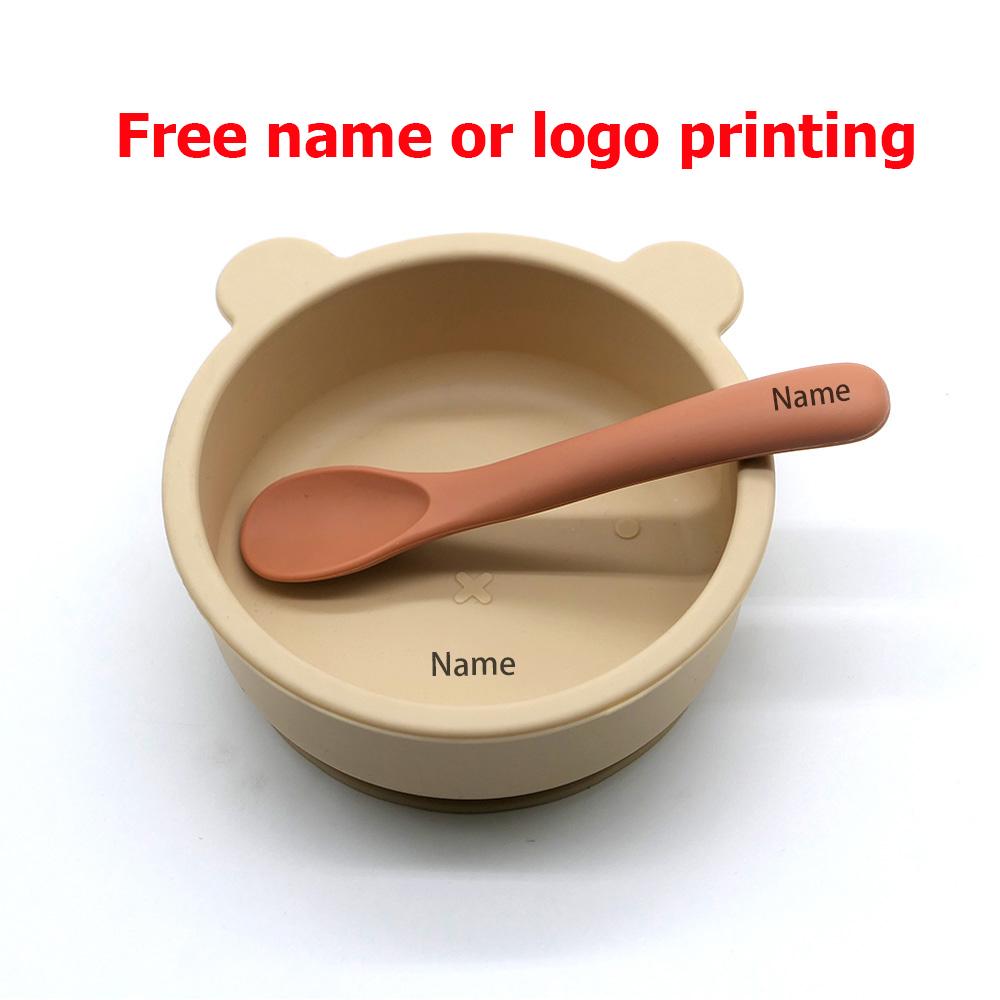 Infant Tableware: Free Name Printing on Bowls plus Spoons Silicone Fabric Personalized Gifts designed for Boys plus Girls