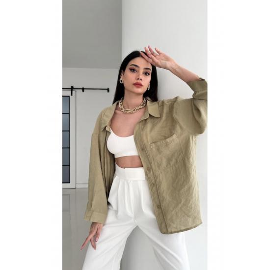 Cămașă de damă cu buzunar supradimensionat, cu umăr în jos