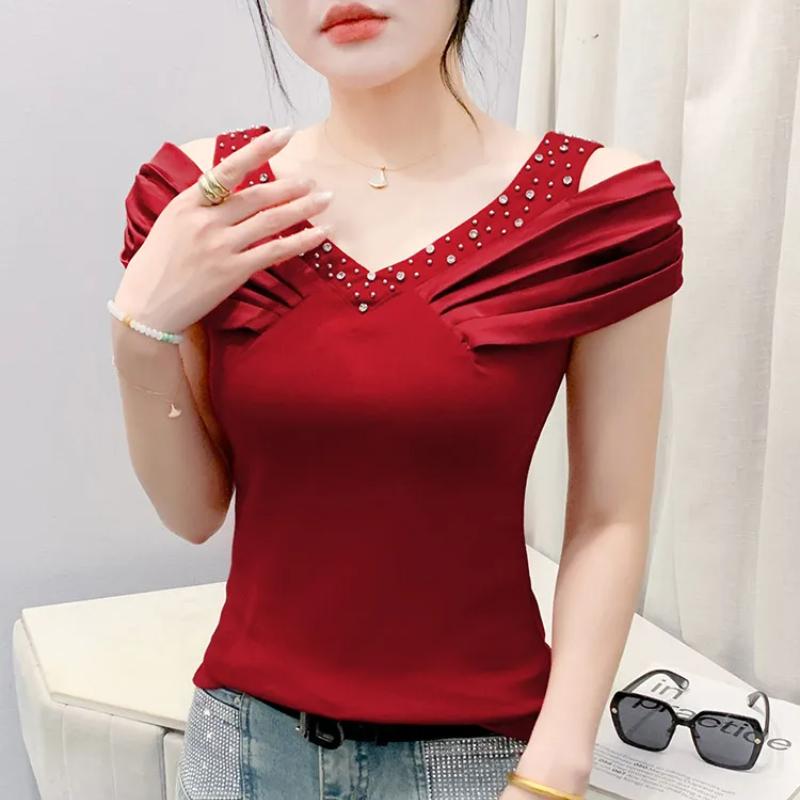 Classic Summer Women's Sexy V-Neck Hot Diamonds T-shirt Elegant Off Shoulder Ladies Tops Shirts Short Sleeved Cotton Tees