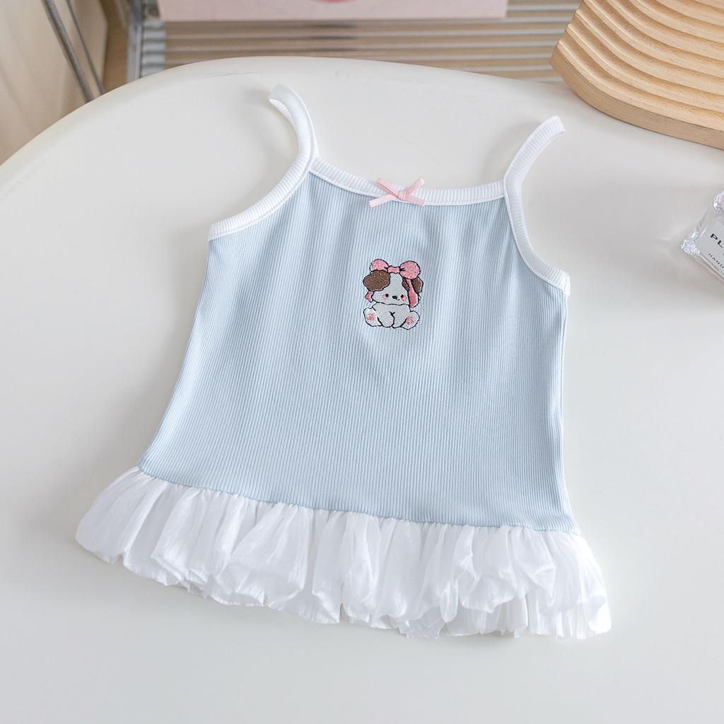Girls Summer Princess Splice Lace Camisole Cartoon Embroidery Sleeveless Vest Top
