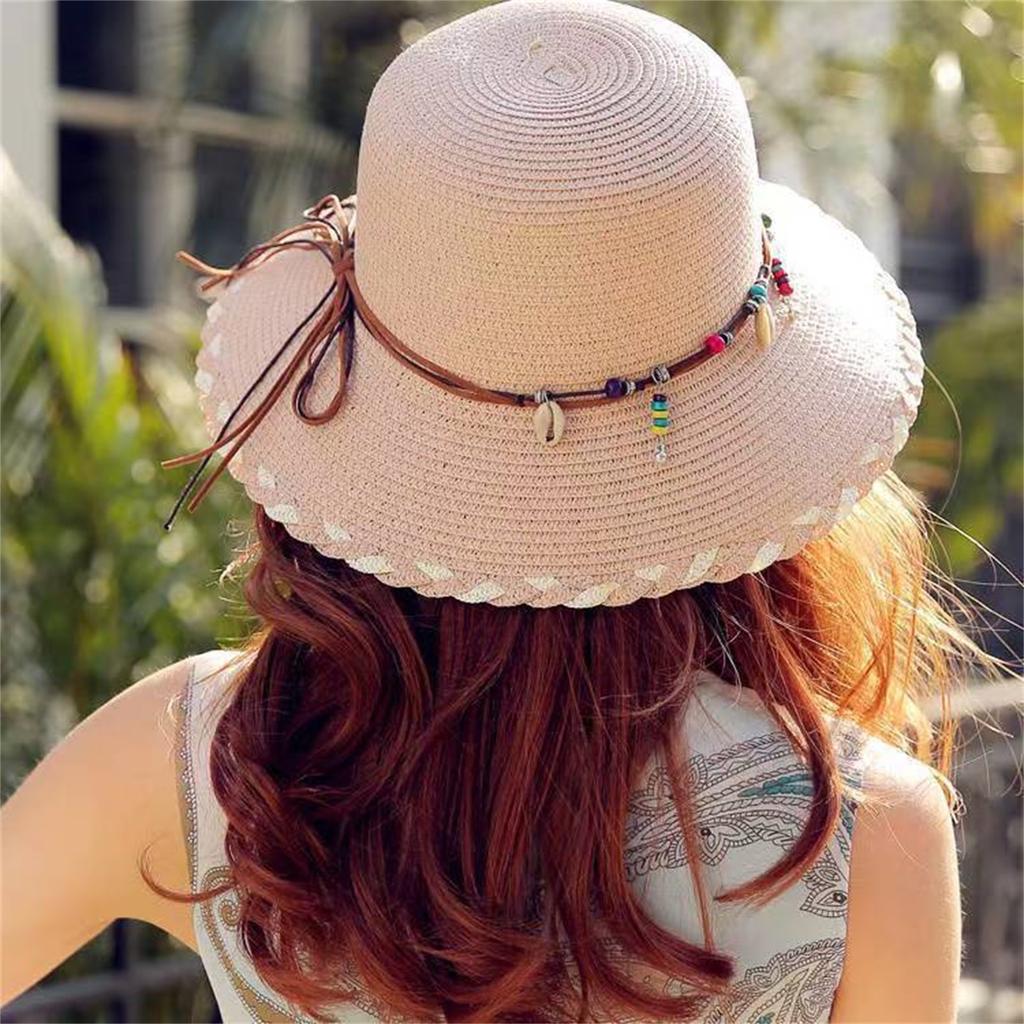 Wide Brim Beaded Decor Straw Hat Women Summer UV Protection Bucket Hats Outdoor Beach Holiday Sun Caps Boho Style Sun Hat