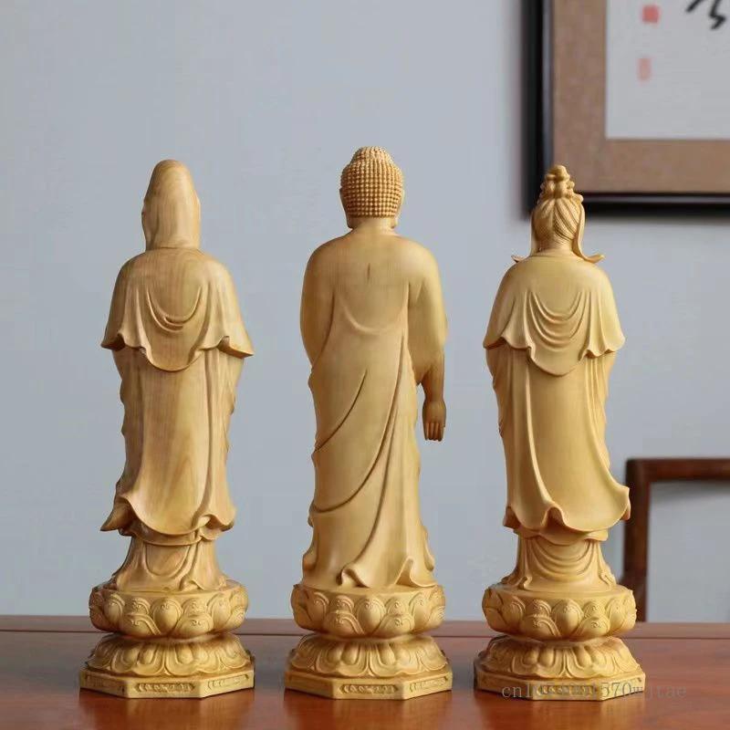 Boxwood Buddha Statue Stand, Amitabha Bodhisattva Buddha Household and Office Decoration, Avalokitesvara, Guanyin Sculpture, 1Pc