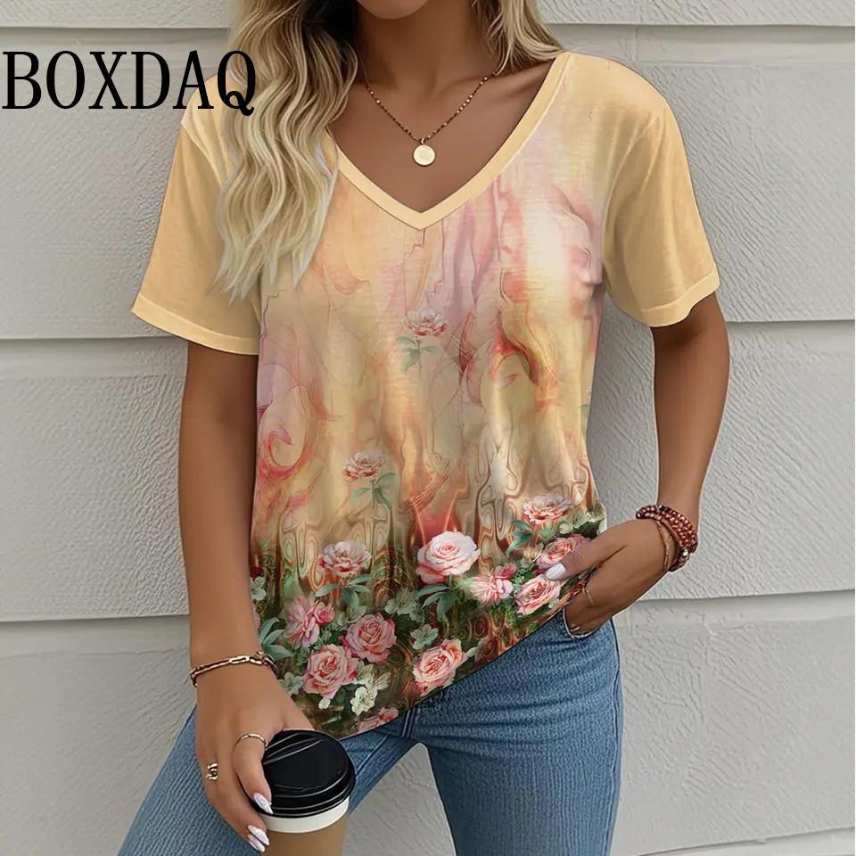 Summer Casual Loose Short Sleeve T Shirt Vintage V-Neck Flowers Printed Women's Tee Tops Plus Size Ladies T-Shirt Clothing