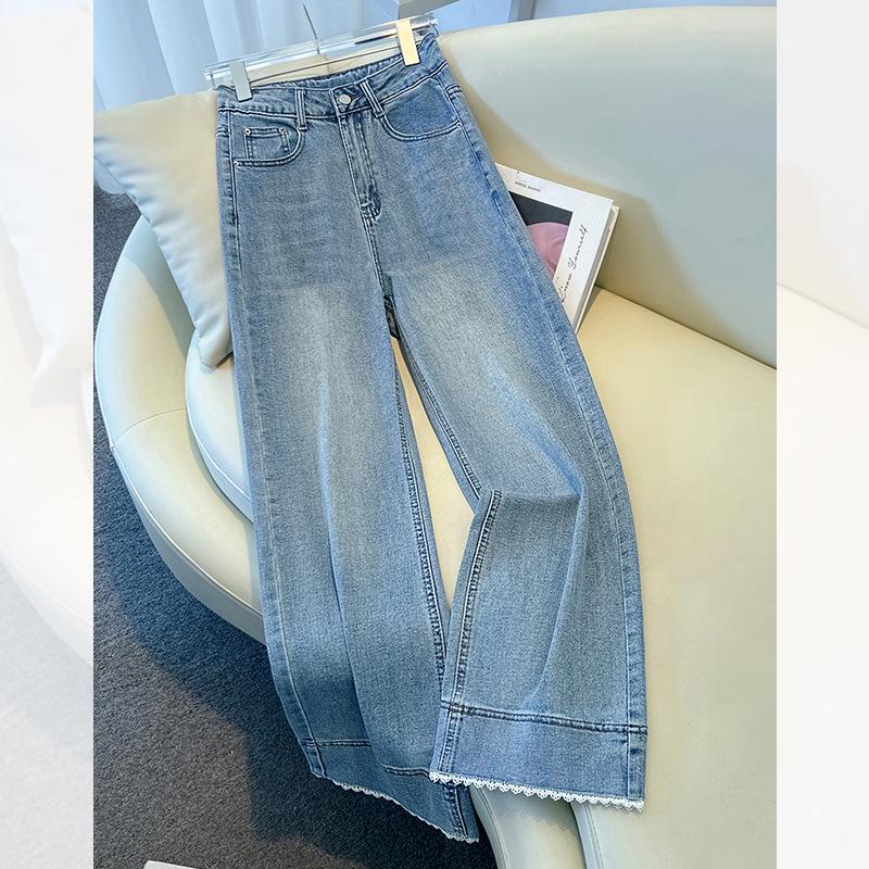 

Женские джинсы с кружевной вставкой, с завышенной талией, укороченные, с широкими штанинами, весна/лето 2025, прямой крой, маленький размер. 26/S (Recommended 85-95 jin) светло-синий