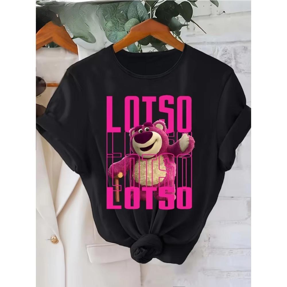 

Strawberry Bear Print TShirt Pink Letter Soft Casual Crew Neck Short Sleeve TShirt Optimistic Design Soft Fabric Shirt S
