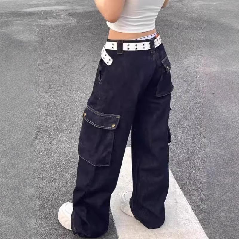 American Retro Design Sense Multi-pocket Tooling Jeans Men's Loose Straight High Street Ruffian Handsome Fried Street Wide-leg Pants