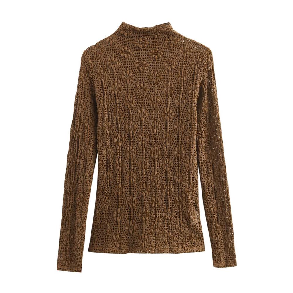

2025 Spring Women s Slimming Lace Hollow Long-Sleeve Top L темно-коричневого кольору