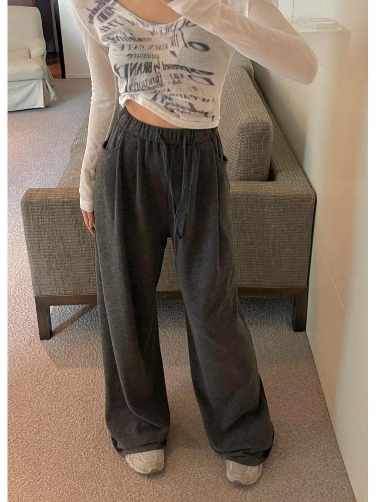Petite High-Waisted Wide-Leg Sweatpants for Women - Autumn/Winter, Drape Style, Floor-Length, Small Size, Soft, Casual, 145XS.