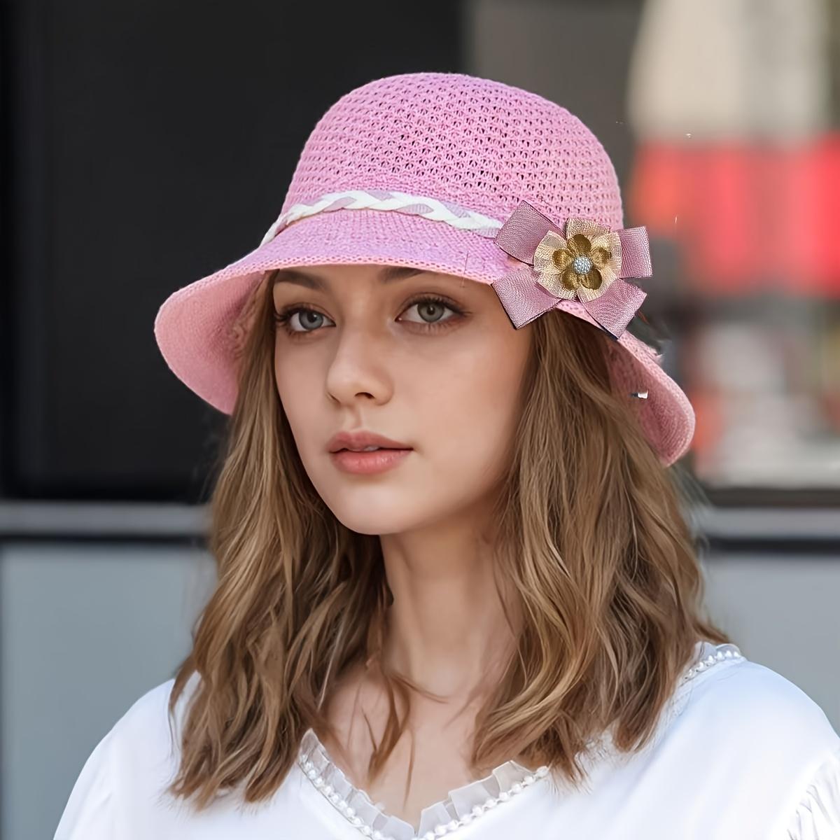 

Элегантная женская соломенная шляпа с цветочным узором - дышащая ажурная кепка от солнца, летняя модная шляпа для путешествий, отпуска, рыбалки, пляжа розовый